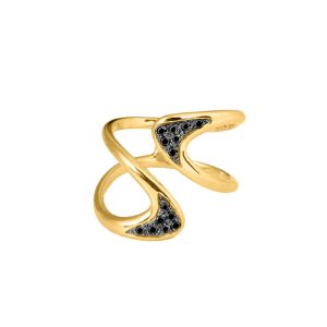 Gold Open Waves Ring With Black Diamonds-0