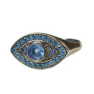 Black Plated Evil Eye Ring With Blue CZ-0