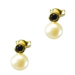 Gold Stud Earrings With Pearl And Blue CZ-0