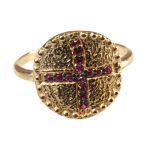 Rose Plated Cross Ring With Rubby CZ-0