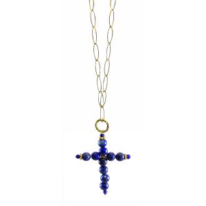 Lapius Lazuli Long Necklace With Cross -0