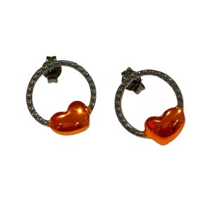Σκουλαρίκια Καρδιές Με Πορτοκαλί Σμάλτο Από Επιροδιωμένο Ασήμι 925