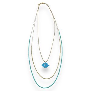 Long Triple Gold Plated Necklace With Evil Eye